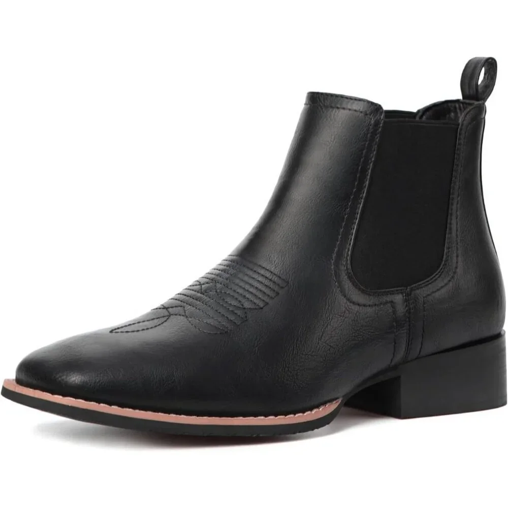 Men's Black Square Toe Chelsea Boots Western Ankle Boot Slip On Casual Boot